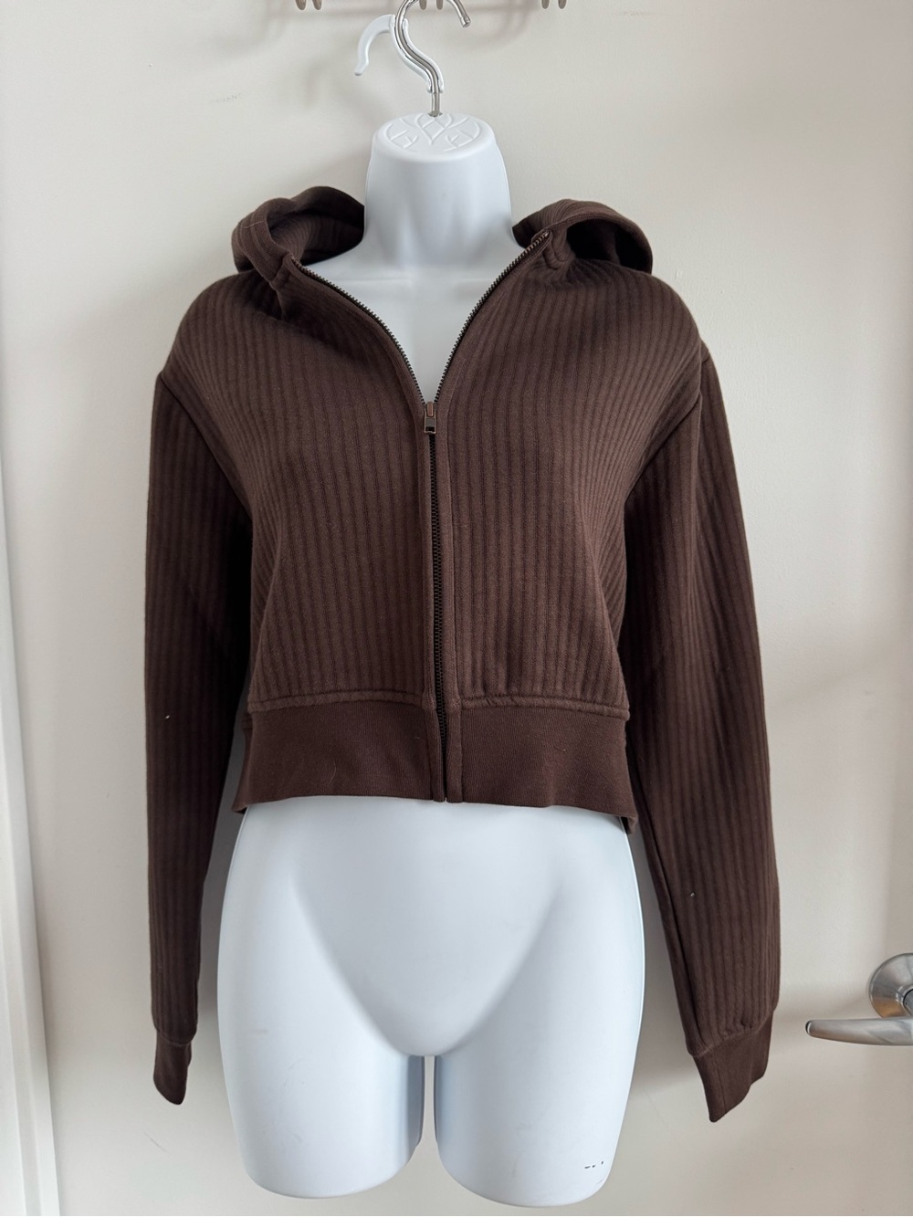 Brooklyn Industries Cropped Brown Ribbed Zip-Up Hoodie